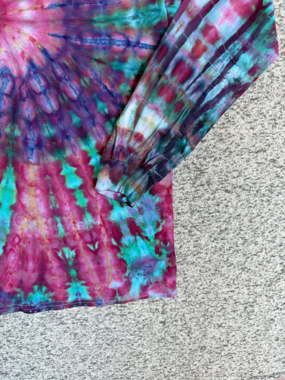 MHD Pink Purple Navy Blue Teal Spiral Ice Dye Tie Dye Long Sleeve Shirt 100% Cotton Size Medium