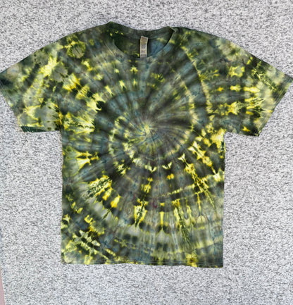 MHD Dark Green Yellow Blue Spiral Ice Dye Tie Dye Short Sleeve Shirt 100% Cotton Size Large