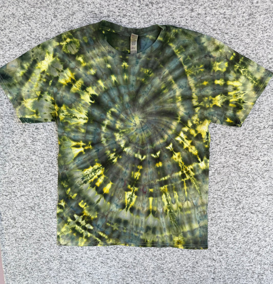 MHD Dark Green Yellow Blue Spiral Ice Dye Tie Dye Short Sleeve Shirt 100% Cotton Size Large