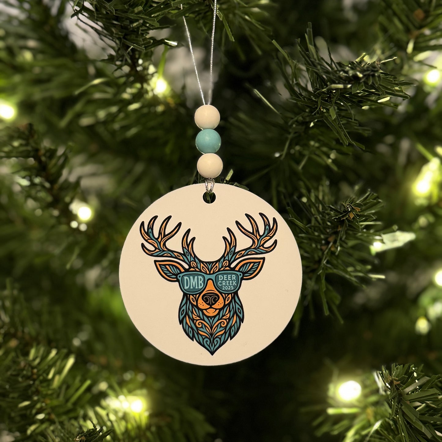 Deer Creek Noblesville Indiana 2025 Deer Wearing DMB Sunglasses Teal Brown Black Metal Holiday Christmas Ornament with Beads with Gift Box 2 Sizes: 2.75" x 2.75" or 3.5" x 3.5"
