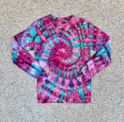 MHD Pink Purple Teal Spiral Ice Dye Tie Dye Long Sleeve Shirt 100% Cotton Size Small