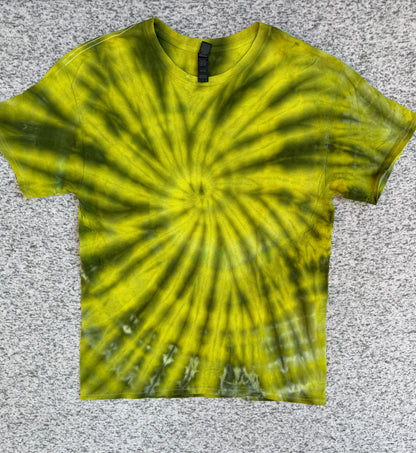 MHD Dark Green Yellow Spiral Ice Dye Tie Dye Short Sleeve Shirt 100% Cotton Size Large
