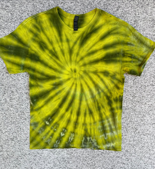 MHD Dark Green Yellow Spiral Ice Dye Tie Dye Short Sleeve Shirt 100% Cotton Size Large