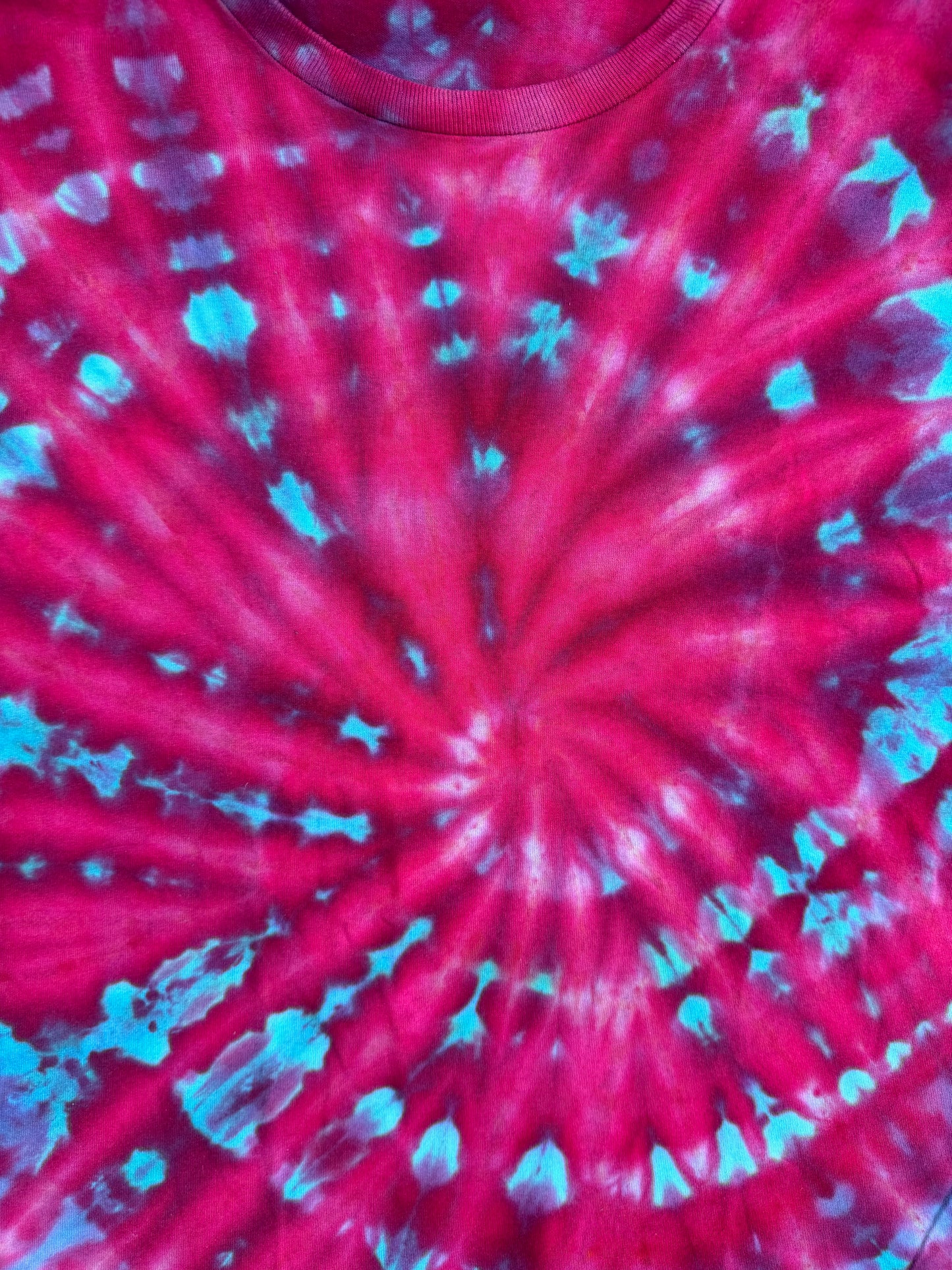 MHD Dark Pink Purple Bright Blue Teal Spiral Ice Dye Tie Dye Short Sleeve Shirt 100% Cotton Size XXL