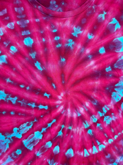 MHD Dark Pink Purple Bright Blue Teal Spiral Ice Dye Tie Dye Short Sleeve Shirt 100% Cotton Size XXL