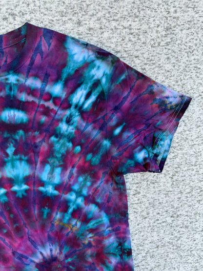 MHD Dark Purple Teal Navy Blue Spiral Ice Dye Tie Dye Short Sleeve Shirt 100% Cotton Size Medium