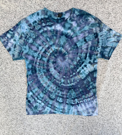 MHD Navy Blue Purple Denim Blue Spiral Ice Dye Tie Dye Short Sleeve Shirt 100% Cotton Size XL