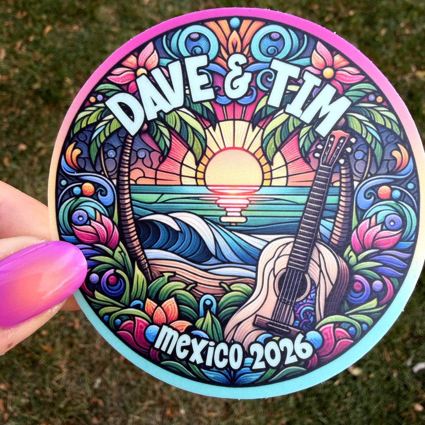 Dave & Tim Mexico 2026 Palm Trees Sunset Ocean Beach Guitar Stained Glass Vinyl Sticker Slap 3" x 3" Matte Finish