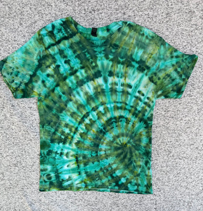 MHD Dark Green Olive Green Teal Spiral Ice Dye Tie Dye Short Sleeve Shirt 100% Cotton Size Large