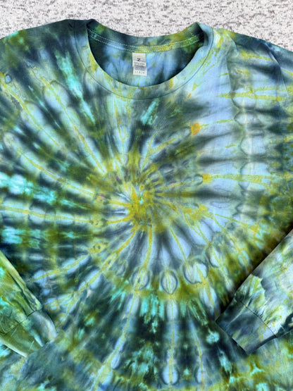 MHD Dark Green Olive Green Navy Blue Spiral Ice Dye Tie Dye Long Sleeve Shirt 100% Cotton Size Large