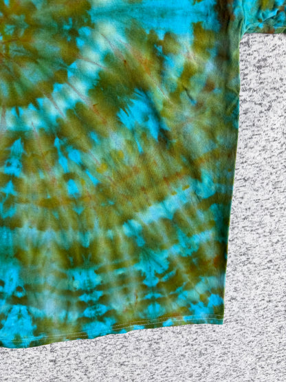 MHD Olive Green Bright Blue Spiral Ice Dye Tie Dye Short Sleeve Shirt 100% Cotton Size XXL