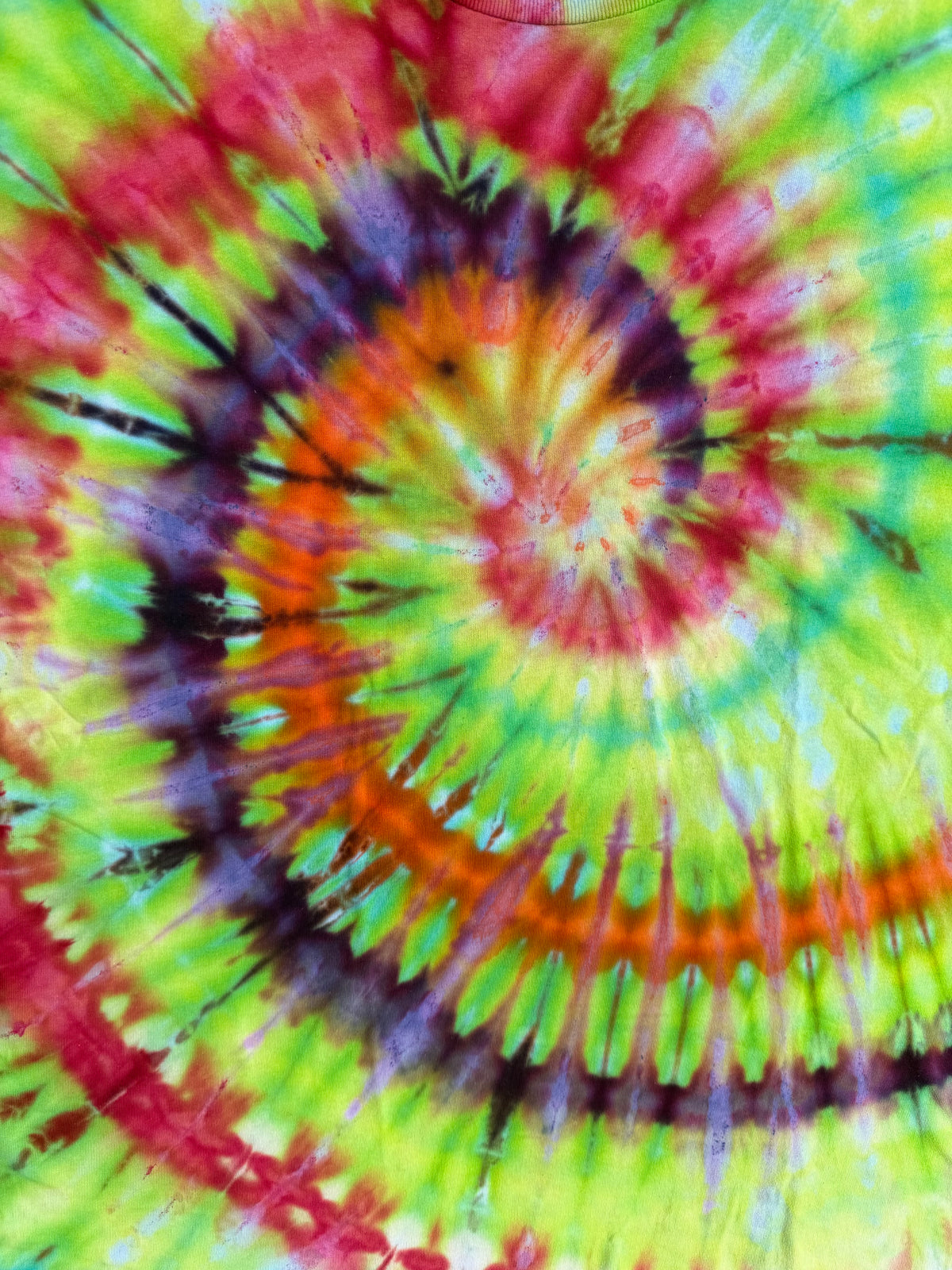 MHD Lime Green Orange Pink Purple Spiral Ice Dye Tie Dye Short Sleeve Shirt 100% Cotton Size XXL