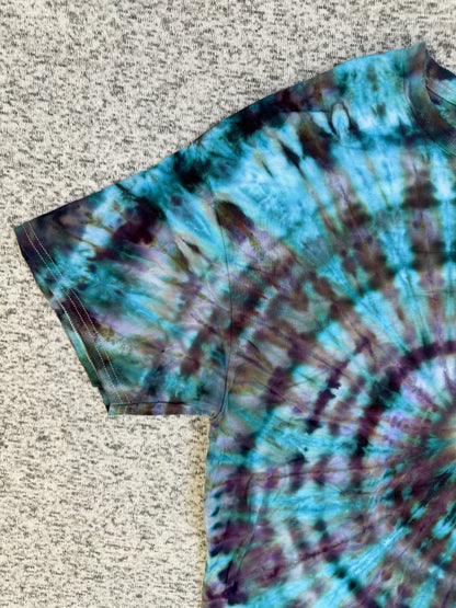 MHD Dark Purple Dark Blue Teal Spiral Ice Dye Tie Dye Short Sleeve Shirt 100% Cotton Size XL