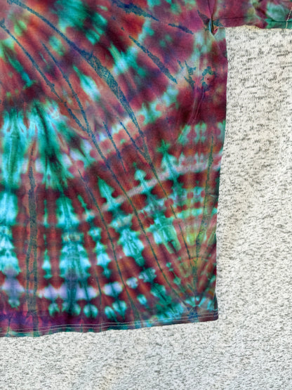 MHD Dark Purple Navy Blue Green Teal Spiral Ice Dye Tie Dye Short Sleeve Shirt 100% Cotton Size XL