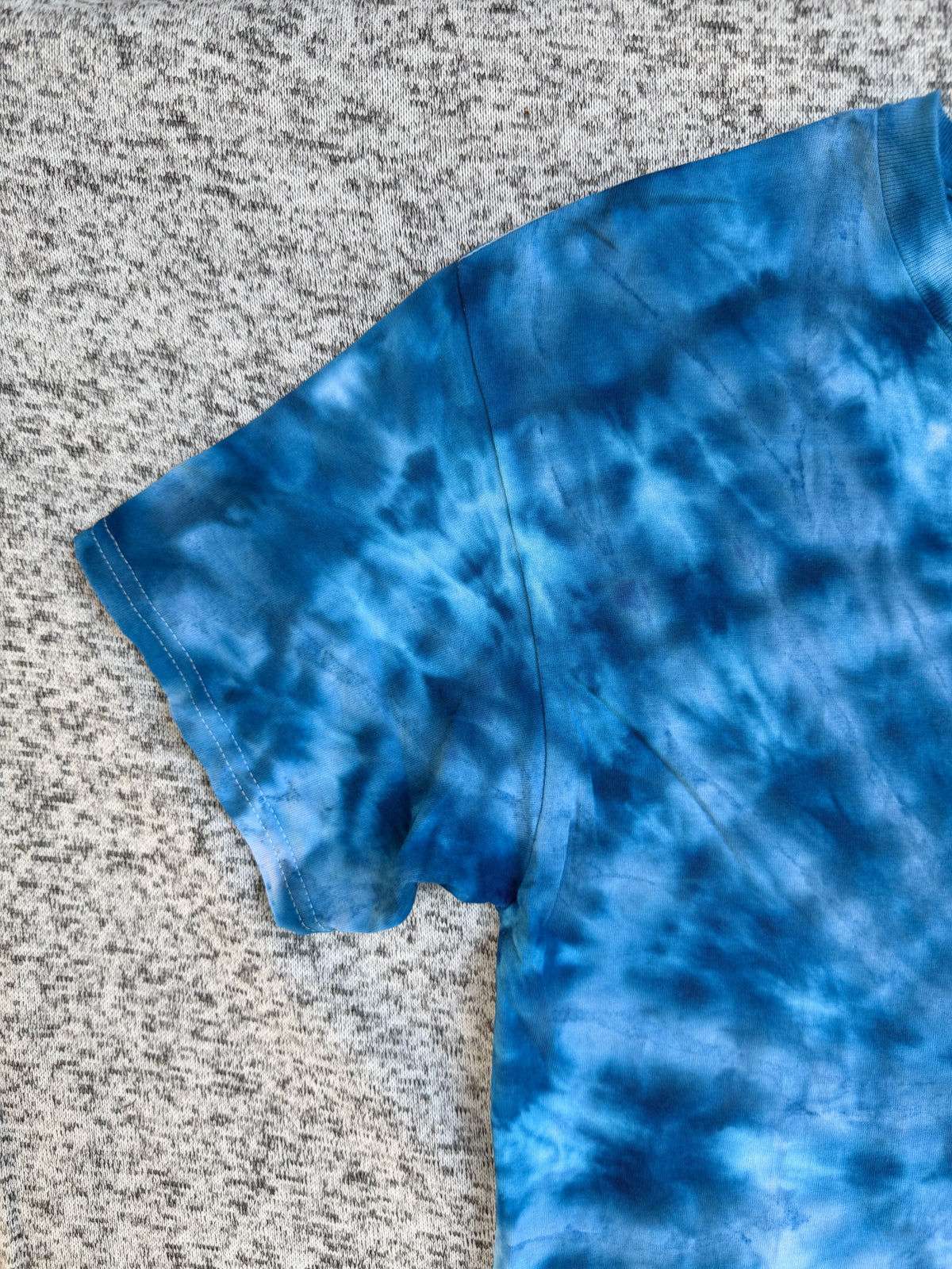 MHD Dark Blue Light Blue Spiral Ice Dye Tie Dye Short Sleeve Shirt 100% Cotton Size Large