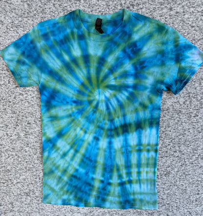 MHD Bright Blue Green Spiral Ice Dye Tie Dye Short Sleeve Shirt 100% Cotton Size Small