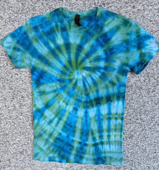 MHD Bright Blue Green Spiral Ice Dye Tie Dye Short Sleeve Shirt 100% Cotton Size Small