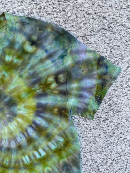 MHD Olive Green Grey Black Spiral Ice Dye Tie Dye Short Sleeve Shirt 100% Cotton Size Small