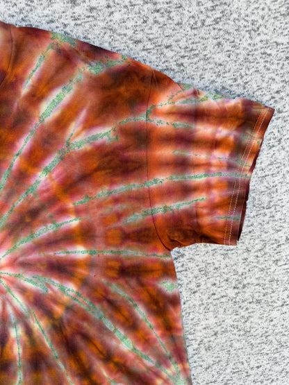 MHD Orange Brown Green Spiral Ice Dye Tie Dye Short Sleeve Shirt 100% Cotton Size Large