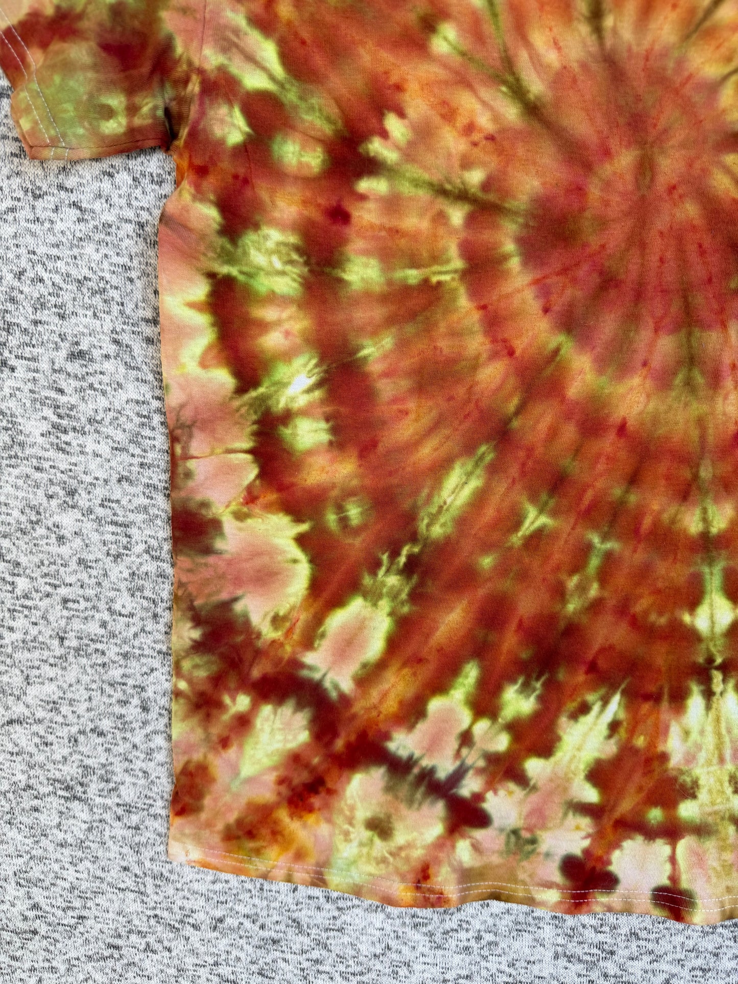 MHD Burnt Orange Yellow Olive Green Spiral Ice Dye Tie Dye Short Sleeve Shirt 100% Cotton Size Medium