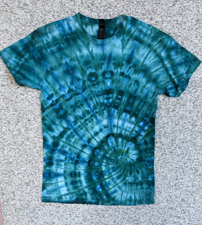 MHD Dark Blue Dark Green Light Green Spiral Ice Dye Tie Dye Short Sleeve Shirt 100% Cotton Size Medium