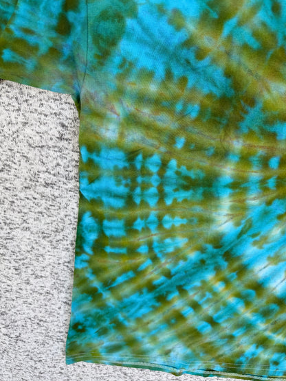 MHD Olive Green Teal Bright Blue Spiral Ice Dye Tie Dye Short Sleeve Shirt 100% Cotton Size XXL
