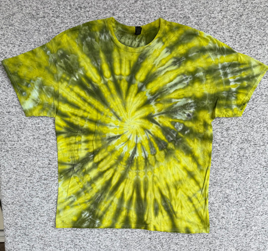 MHD Mustard Yellow Olive Green Spiral Ice Dye Tie Dye Short Sleeve Shirt 100% Cotton Size XXL