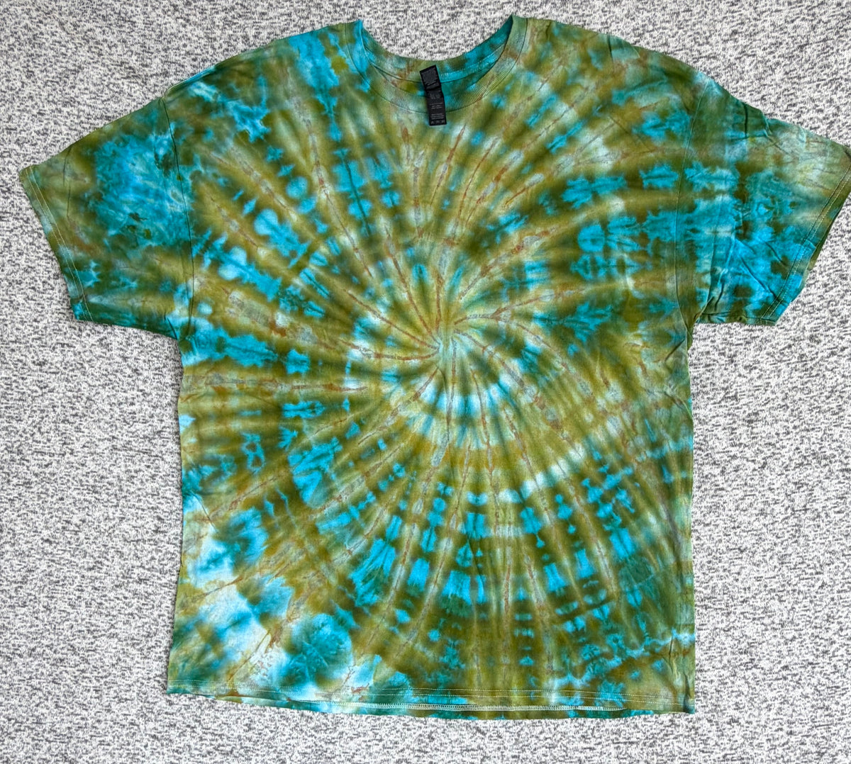 MHD Olive Green Light Brown Teal Spiral Ice Dye Tie Dye Short Sleeve Shirt 100% Cotton Size XXL