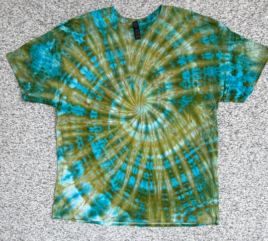 MHD Olive Green Light Brown Teal Spiral Ice Dye Tie Dye Short Sleeve Shirt 100% Cotton Size XXL