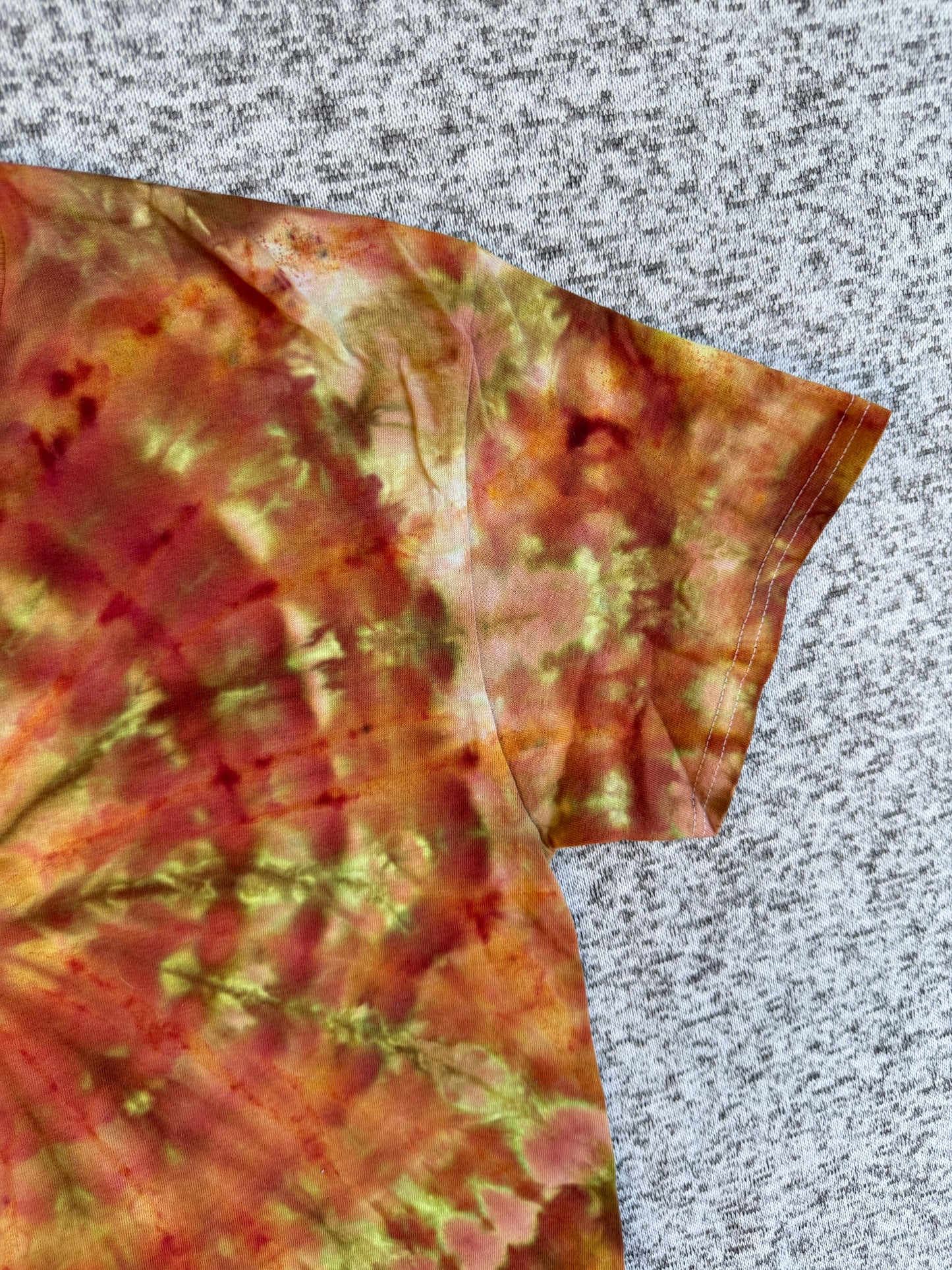 MHD Burnt Orange Yellow Olive Green Spiral Ice Dye Tie Dye Short Sleeve Shirt 100% Cotton Size Medium