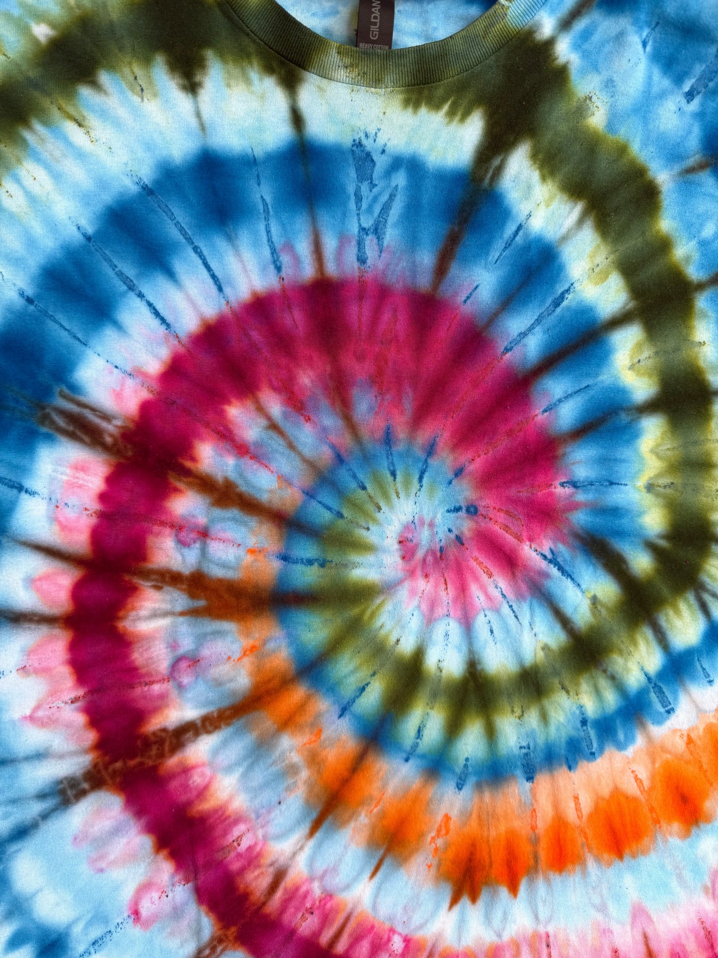 MHD Blue Red Green Orange Spiral Ice Dye Tie Dye Short Sleeve Shirt 100% Cotton Size XXL