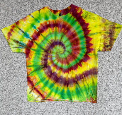 MHD Yellow Lime Green Dark Red Orange Spiral Ice Dye Tie Dye Short Sleeve Shirt 100% Cotton Size XXL