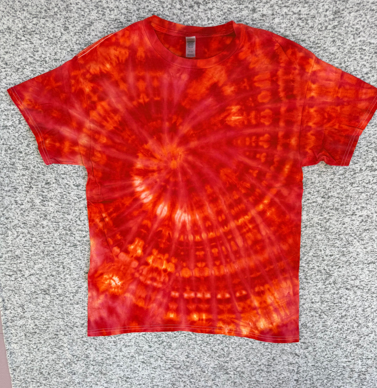 MHD Orange Red Spiral Ice Dye Tie Dye Short Sleeve Shirt 100% Cotton Size Large