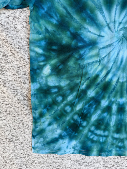 MHD Green Dark Blue Light Green Spiral Ice Dye Tie Dye Short Sleeve Shirt 100% Cotton Size Medium
