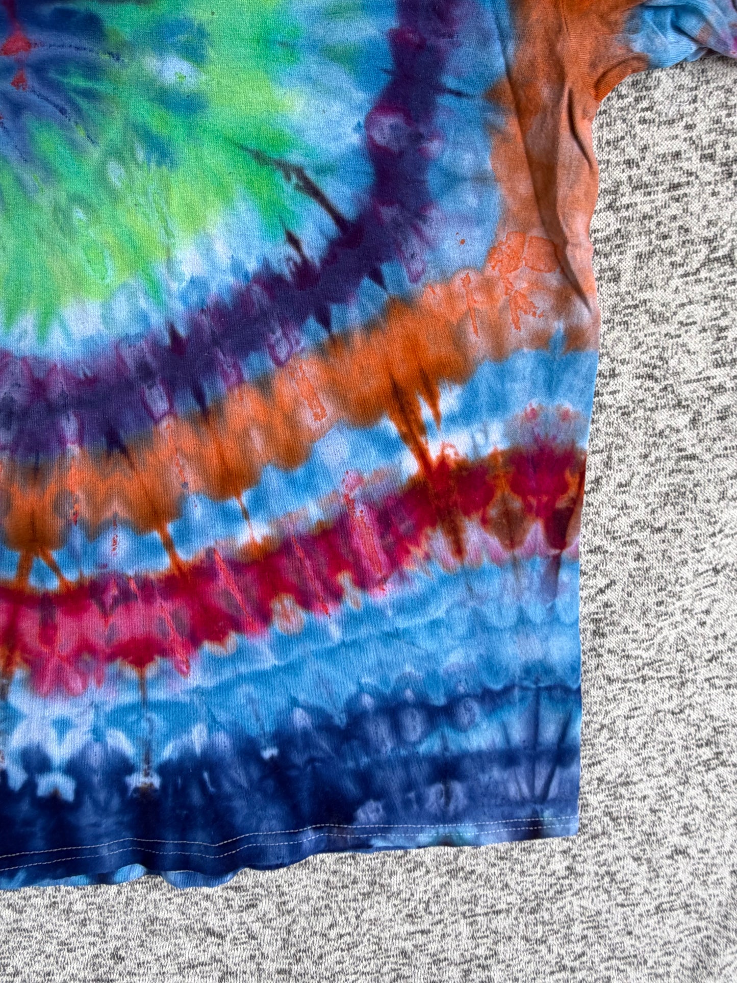 MHD Blue Green Red Orange Spiral Ice Dye Tie Dye Short Sleeve Shirt 100% Cotton Size XXL