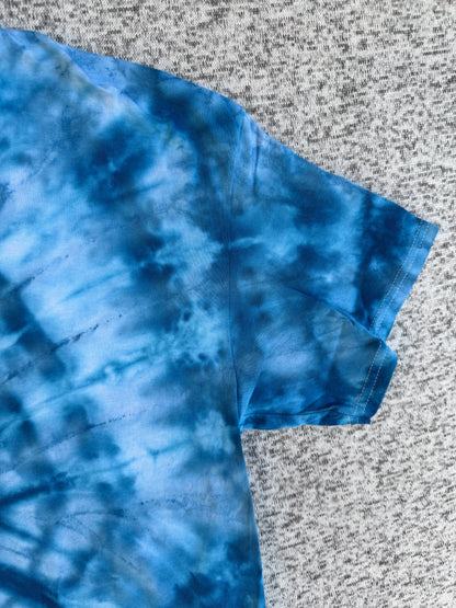 MHD Dark Blue Light Blue Spiral Ice Dye Tie Dye Short Sleeve Shirt 100% Cotton Size Large
