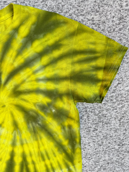 MHD Yellow Dark Green Spiral Ice Dye Tie Dye Short Sleeve Shirt 100% Cotton Size Medium