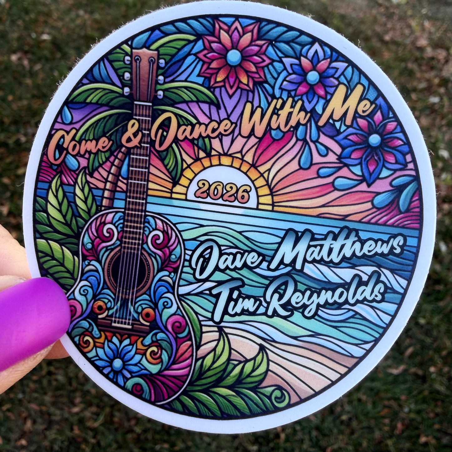 Dave Matthews Tim Reynolds Mexico 2026 Come & Dance With Me Purple Pink Blue Guitar Ocean Sunset Vinyl Sticker Slap 3” x 3” Matte Finish