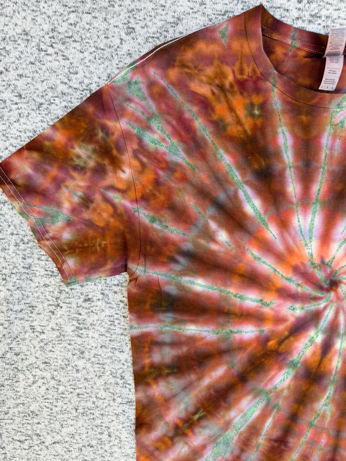 MHD Orange Brown Green Spiral Ice Dye Tie Dye Short Sleeve Shirt 100% Cotton Size Large