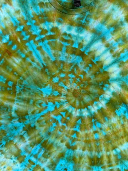 MHD Olive Green Bright Blue Spiral Ice Dye Tie Dye Short Sleeve Shirt 100% Cotton Size XXL