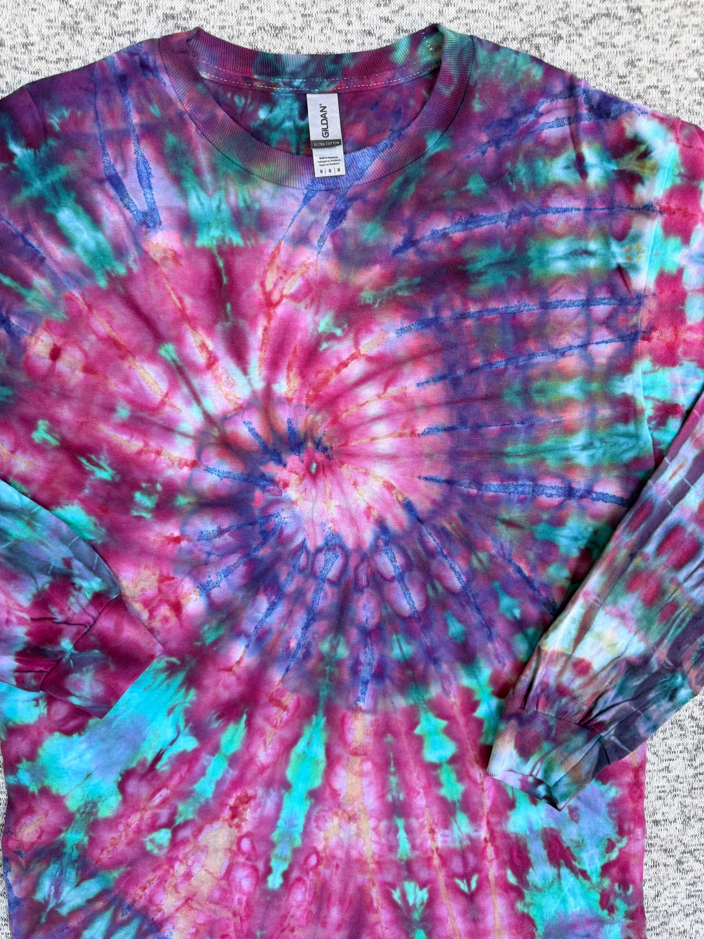 MHD Pink Purple Navy Blue Teal Spiral Ice Dye Tie Dye Long Sleeve Shirt 100% Cotton Size Medium
