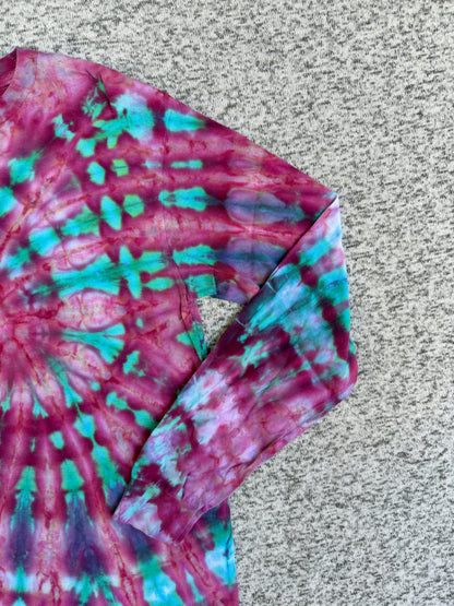 MHD Pink Purple Teal Spiral Ice Dye Tie Dye Long Sleeve Shirt 100% Cotton Size Small