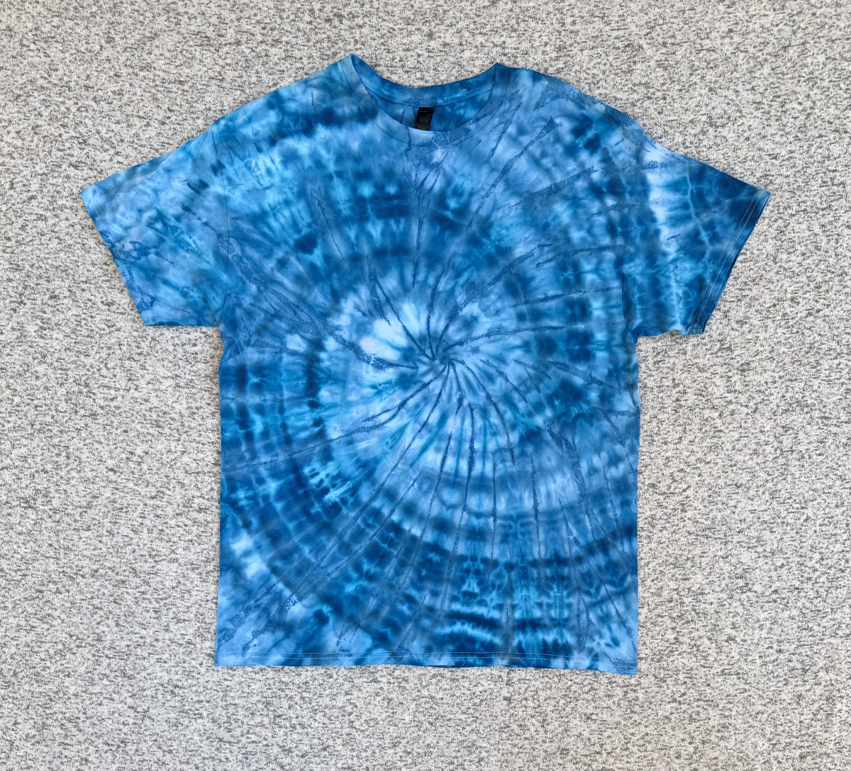 MHD Dark Blue Light Blue White Spiral Ice Dye Tie Dye Short Sleeve Shirt 100% Cotton Size XL