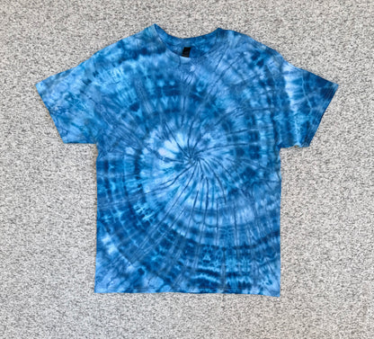 MHD Dark Blue Light Blue White Spiral Ice Dye Tie Dye Short Sleeve Shirt 100% Cotton Size XL
