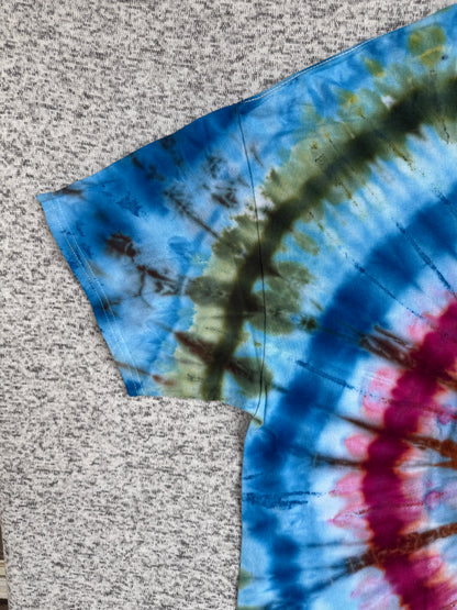 MHD Blue Red Green Orange Spiral Ice Dye Tie Dye Short Sleeve Shirt 100% Cotton Size XXL
