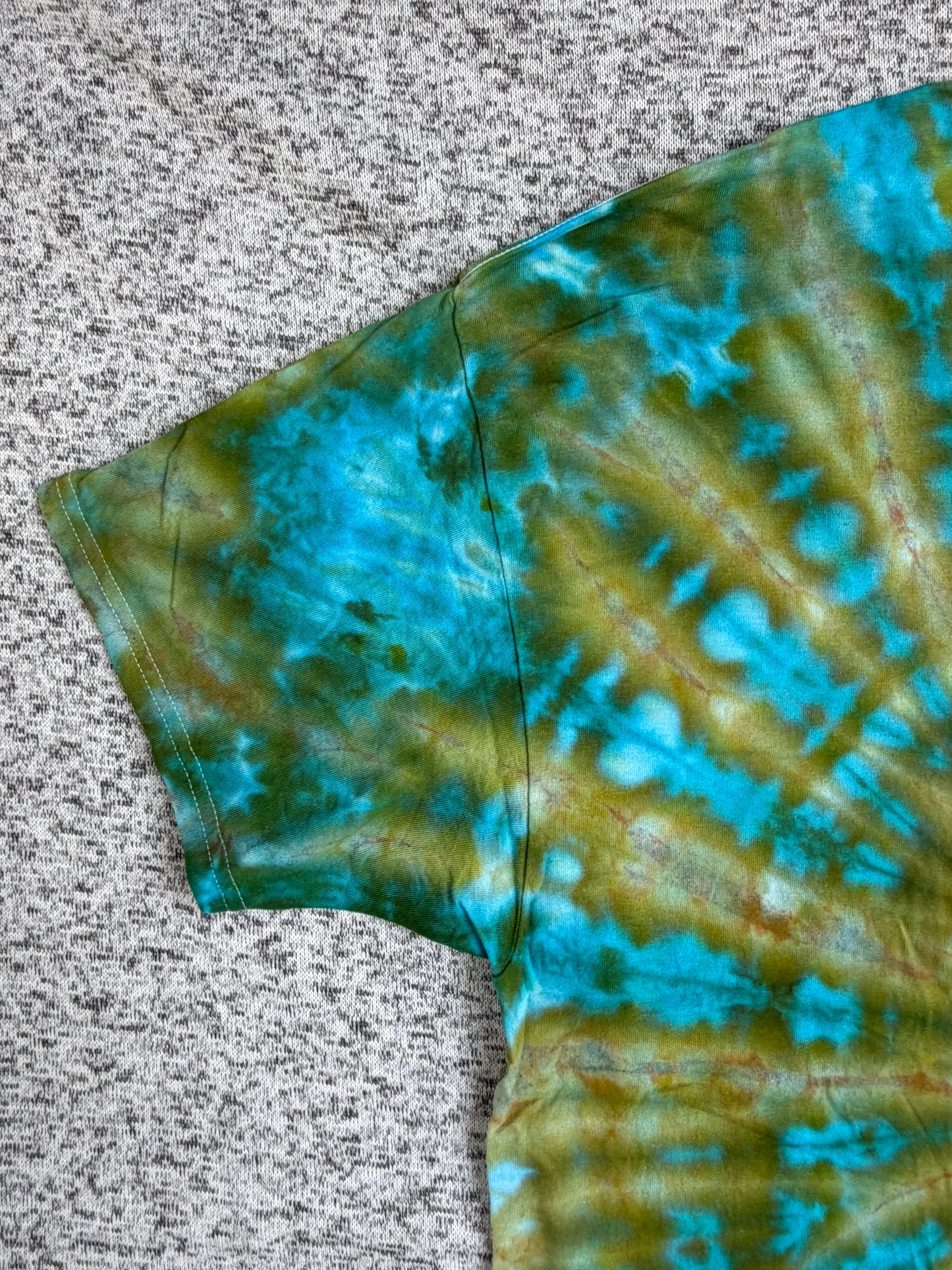 MHD Olive Green Light Brown Teal Spiral Ice Dye Tie Dye Short Sleeve Shirt 100% Cotton Size XXL