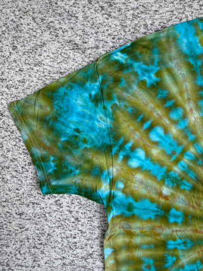 MHD Olive Green Light Brown Teal Spiral Ice Dye Tie Dye Short Sleeve Shirt 100% Cotton Size XXL