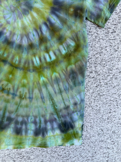 MHD Olive Green Grey Black Spiral Ice Dye Tie Dye Short Sleeve Shirt 100% Cotton Size Small