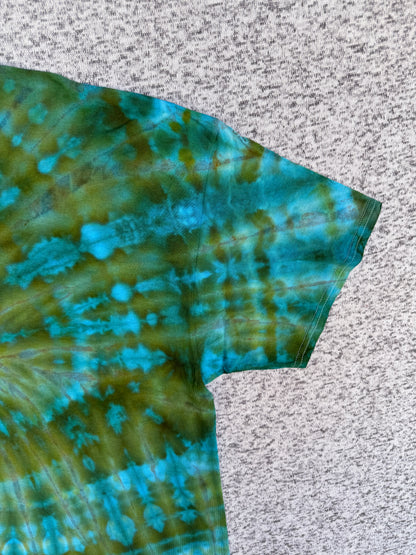 MHD Hunter Green Olive Green Teal Bright Blue Spiral Ice Dye Tie Dye Short Sleeve Shirt 100% Cotton Size XXL