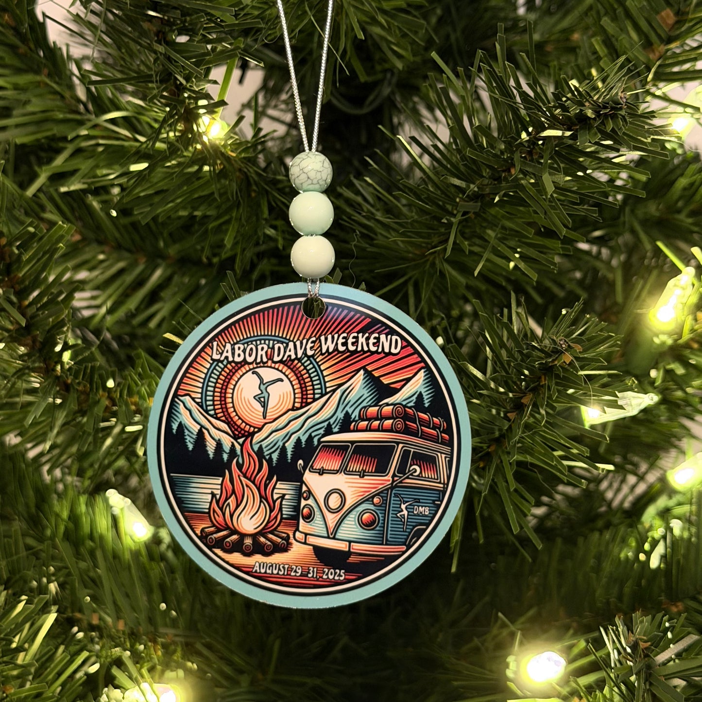 Labor Dave Weekend August 29-31, 2025 Teal Hippie Van Campsite Campfire Mountains Sunset Metal Holiday Christmas Ornament with Beads with Gift Box 2 Sizes: 2.75" x 2.75" or 3.5" x 3.5"